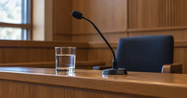 How to testify in a Minnesota divorce trial: empty witness stand with a microphone, water glass and blue chair