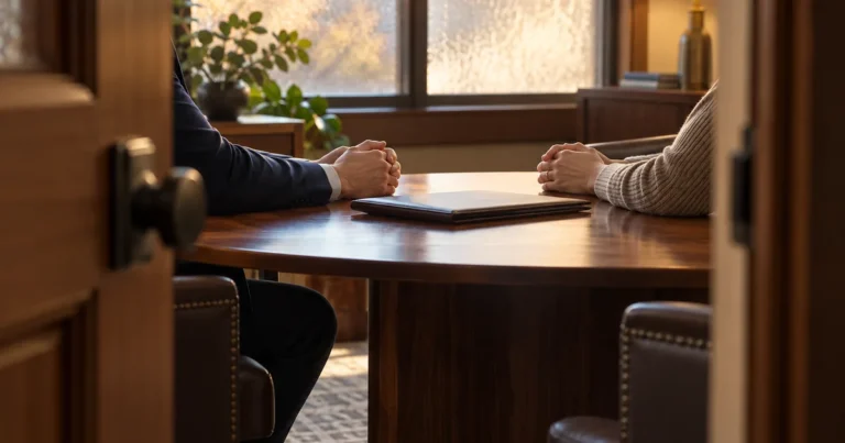 Minnesota divorce lawyer confidentiality: lawyer and client talking privately at an office table behind a half-open door