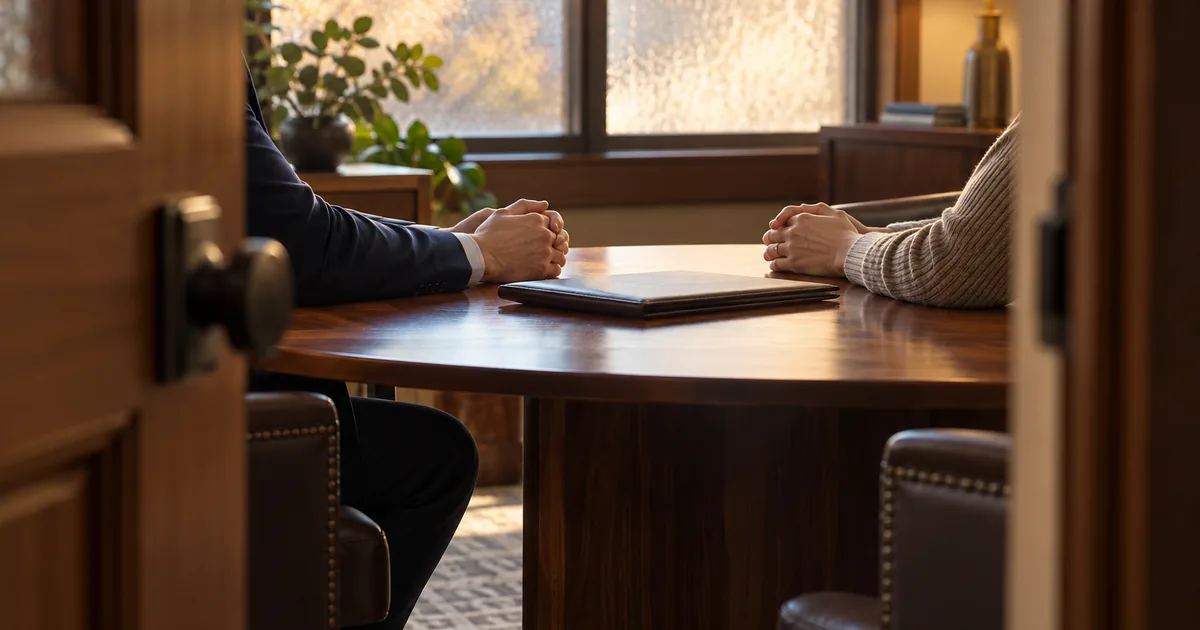Minnesota divorce lawyer confidentiality: lawyer and client talking privately at an office table behind a half-open door