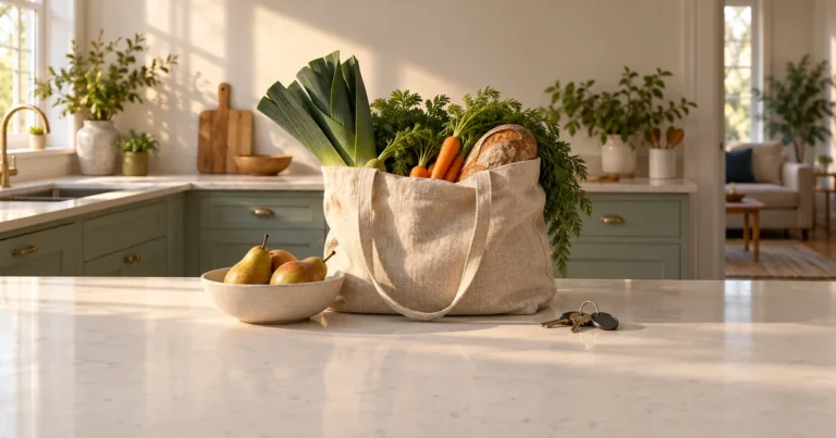 Minnesota spousal maintenance basics: grocery bag of vegetables and bread on a kitchen counter with house keys