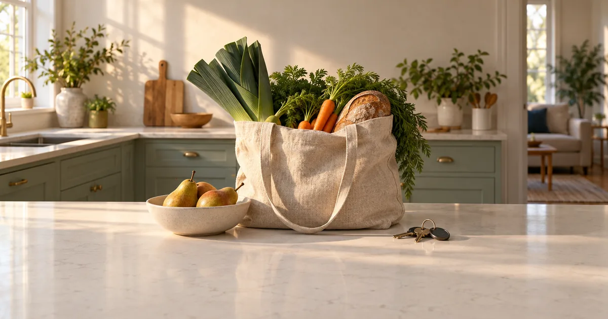 Minnesota spousal maintenance basics: grocery bag of vegetables and bread on a kitchen counter with house keys