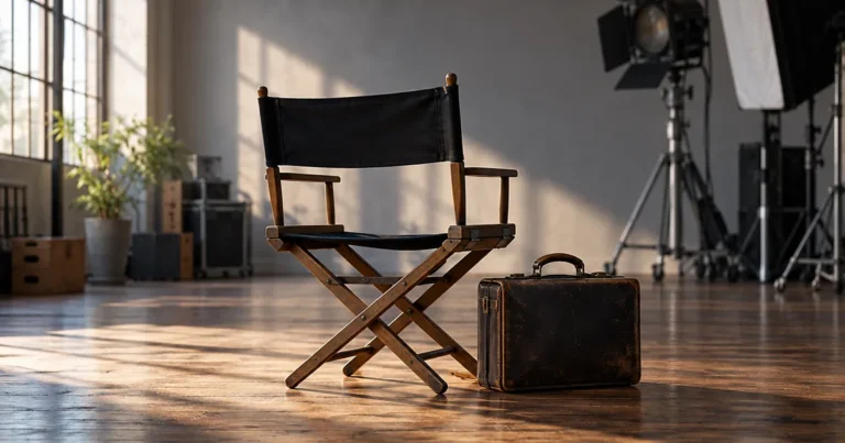 Brendan Fraser alimony case: empty director's chair and worn suitcase on an empty film studio floor