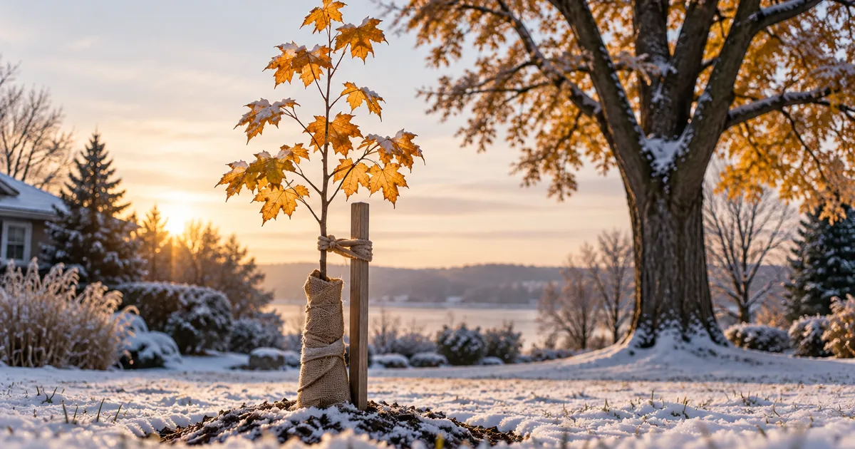 Life insurance after a Minnesota divorce: young staked maple sapling beside a large protective tree in snow