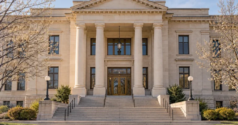 Changing your divorce judge in Minnesota: a limestone county courthouse with stone steps in spring