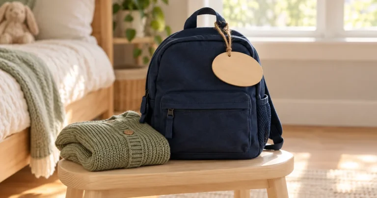 Changing your child's name in Minnesota: a child's backpack with a blank wooden name tag