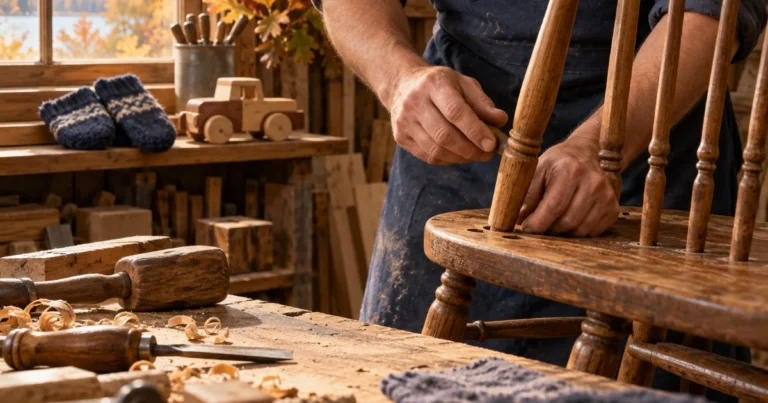 Child support for Minnesota business owners: a woodworker repairing a chair spindle in his workshop