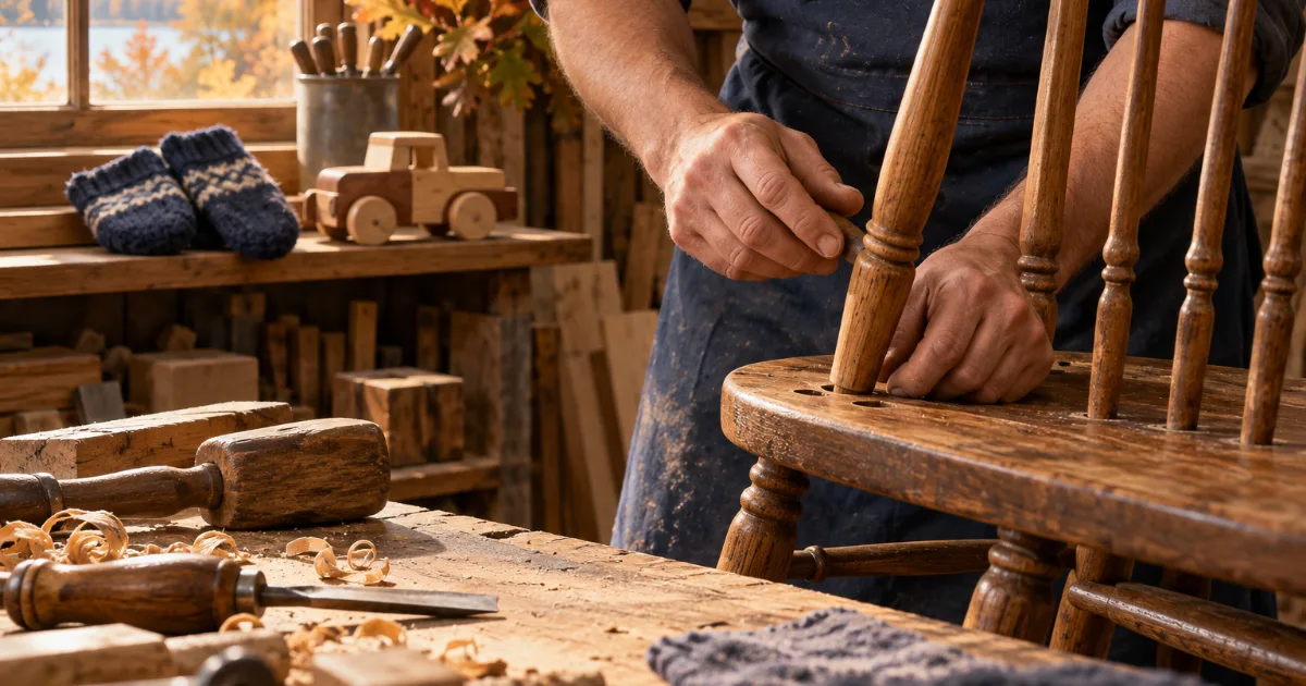Child support for Minnesota business owners: a woodworker repairing a chair spindle in his workshop