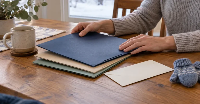 Cost of child custody litigation in Minnesota: hands sorting folders and an envelope at a kitchen table