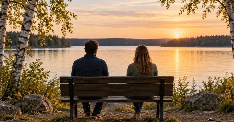 Dating after divorce in Minnesota: a couple seen from behind on a lakeside bench at sunset