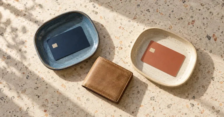 Dividing credit cards in a Minnesota divorce: two credit cards in separate dishes with a leather wallet between them