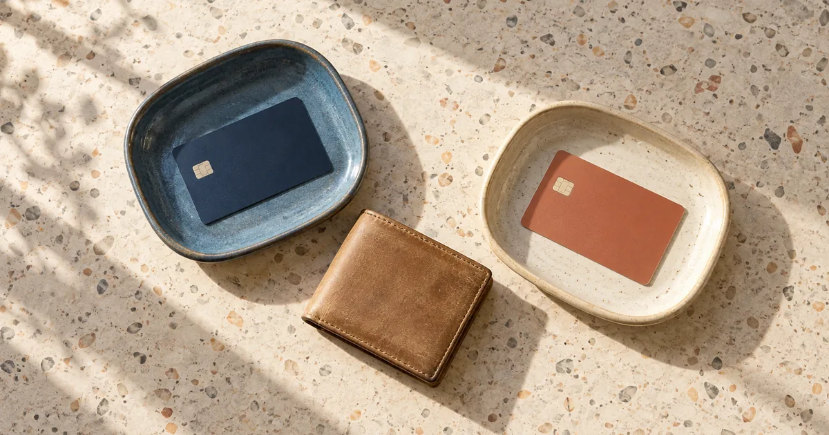 Dividing credit cards in a Minnesota divorce: two credit cards in separate dishes with a leather wallet between them