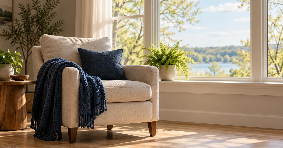 Divorce and suicide in Minnesota, finding support: a quiet armchair with a blue blanket by a sunny lake window