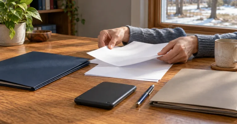 Minnesota divorce taxes: hands sorting tax papers at a wooden desk beside folders, a pen and a coffee mug