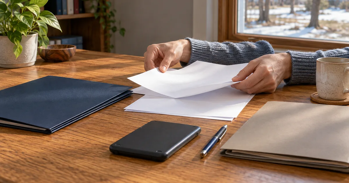 Minnesota divorce taxes: hands sorting tax papers at a wooden desk beside folders, a pen and a coffee mug