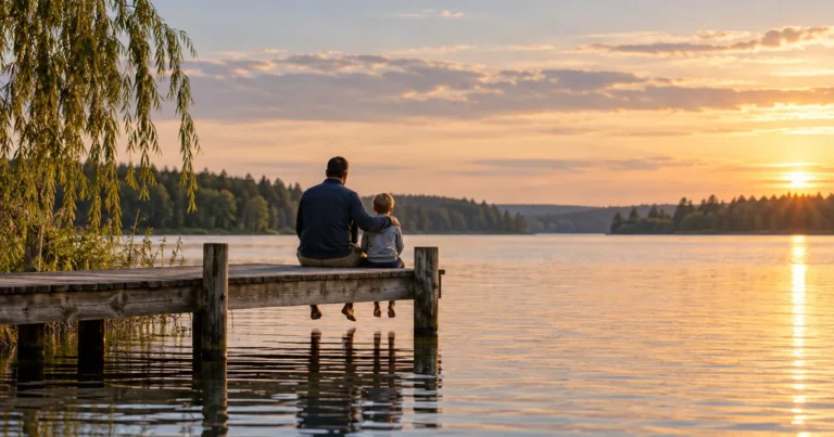 Effects of divorce on children in Minnesota: father and young son sitting on a lake dock at sunset