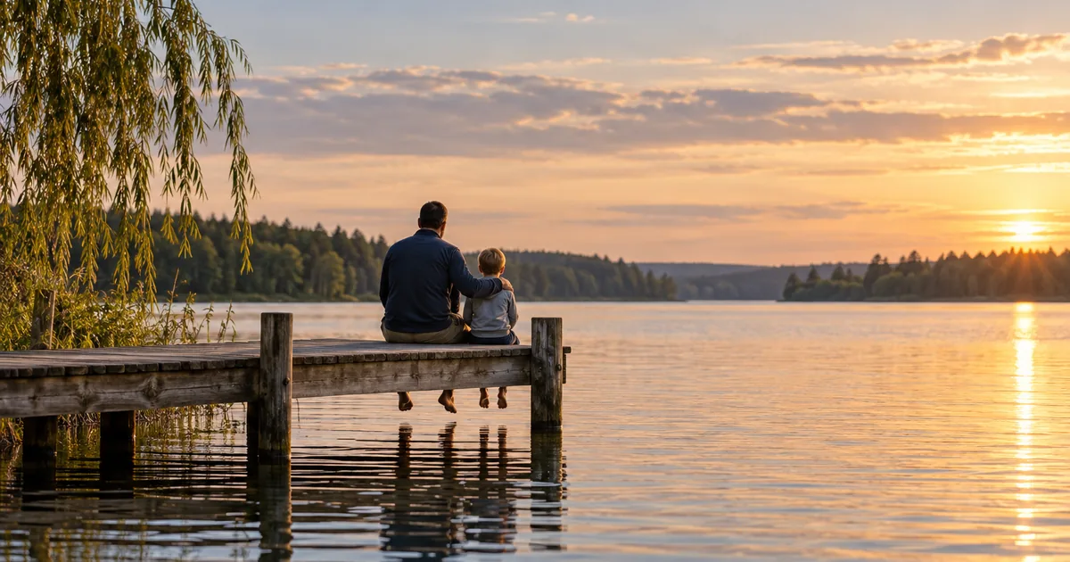 Effects of divorce on children in Minnesota: father and young son sitting on a lake dock at sunset
