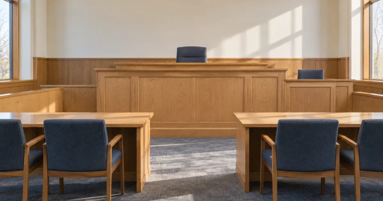 Minnesota family court judges and referees: an empty county courtroom with counsel tables