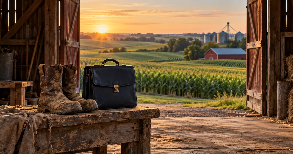 Minnesota farm divorce lawyer: muddy work boots and a leather briefcase on a barn bench facing cornfields at sunset