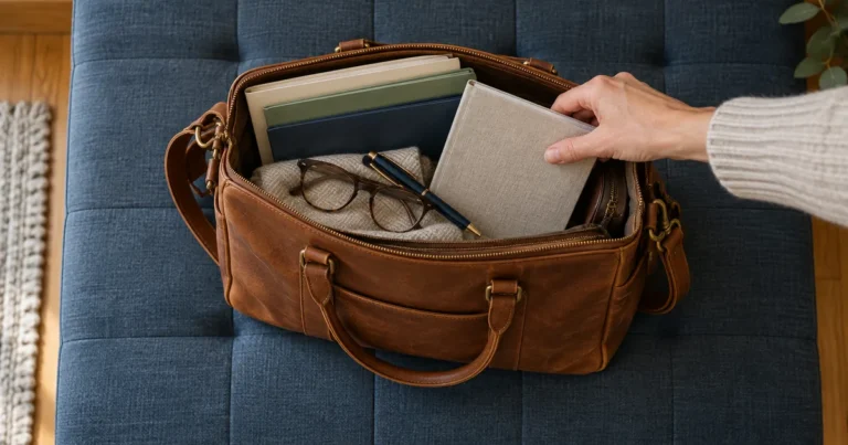 First meeting with a Minnesota divorce lawyer: packing a leather bag with notebooks, glasses and a pen