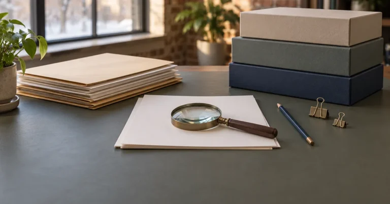 Forensic accountants in a Minnesota divorce: a magnifying glass on papers beside stacked file boxes