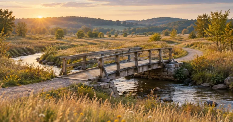 Getting a divorce in Minnesota, what happens now: wooden footbridge over a creek on a prairie at sunrise