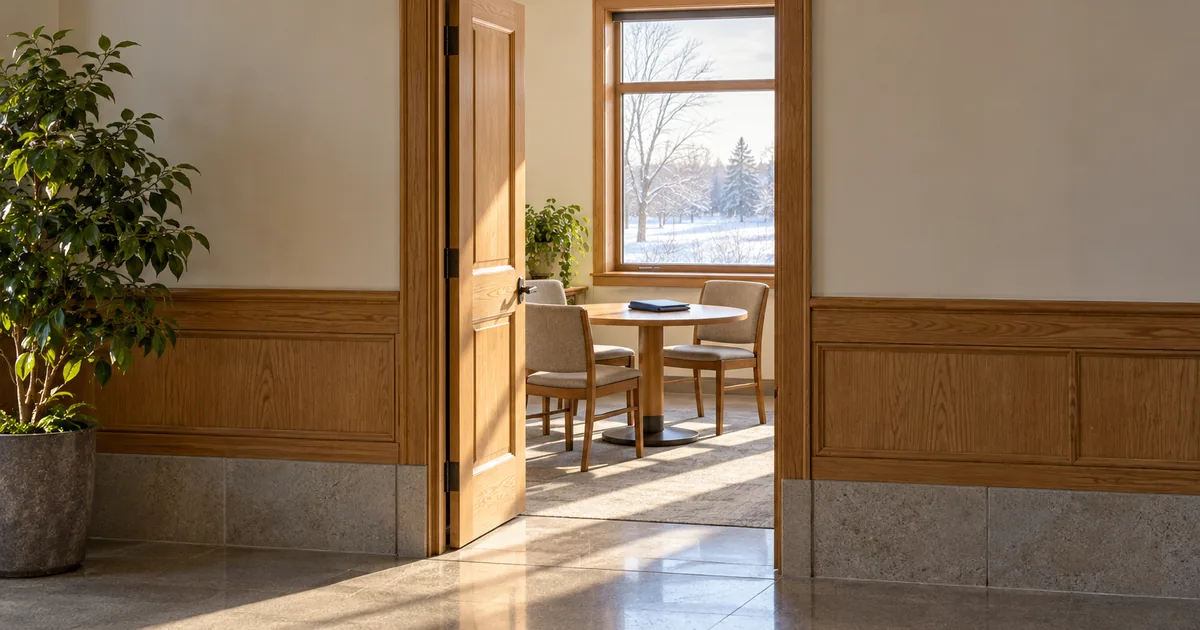 Minnesota divorce settlement before trial: an open door to a quiet conference room with a round table