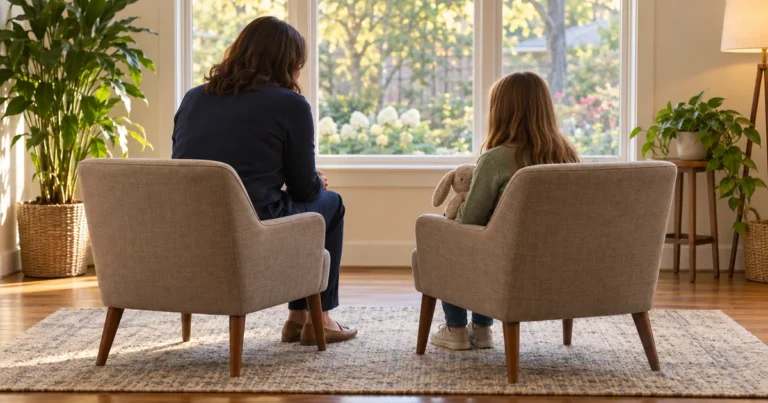 Guardian ad litem in Minnesota child custody: a woman and a child talking in two chairs by a window