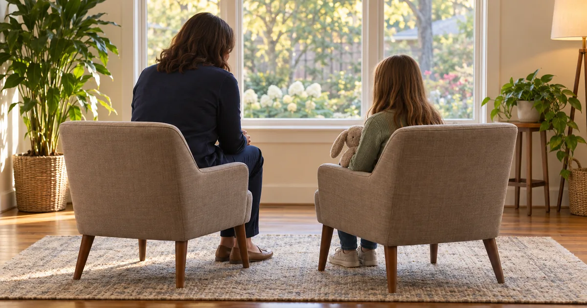 Guardian ad litem in Minnesota child custody: a woman and a child talking in two chairs by a window