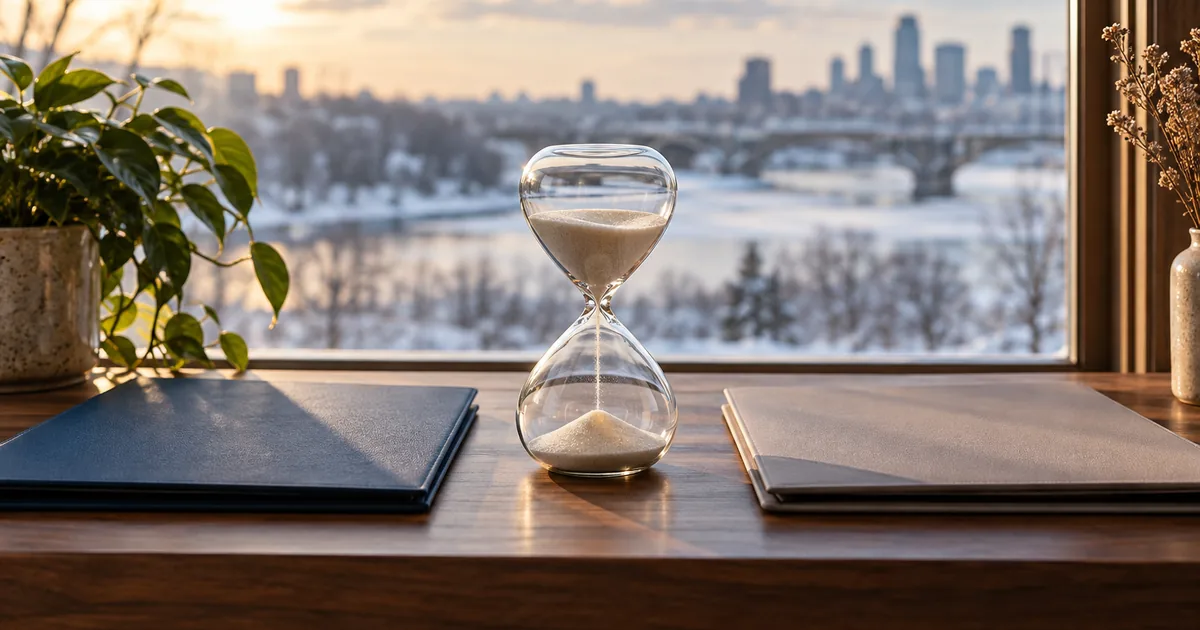 Dividing a retirement account in a Minnesota divorce: hourglass between two folders by a window over a snowy river