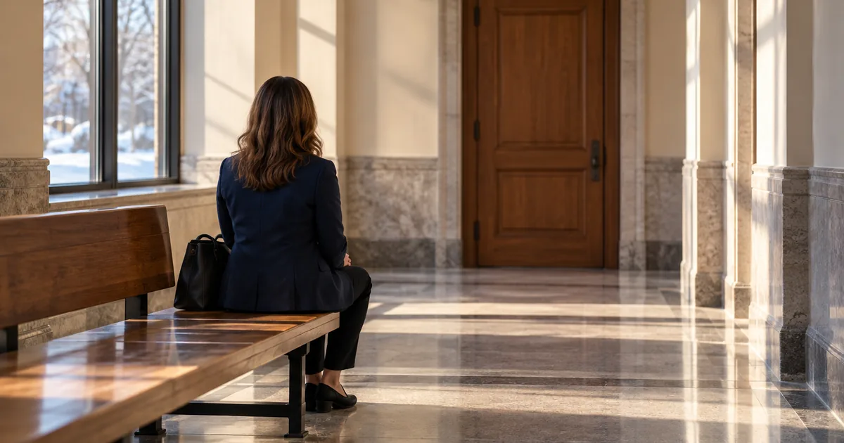 Testifying at trial in Minnesota family court: a woman waiting on a bench outside a courtroom door