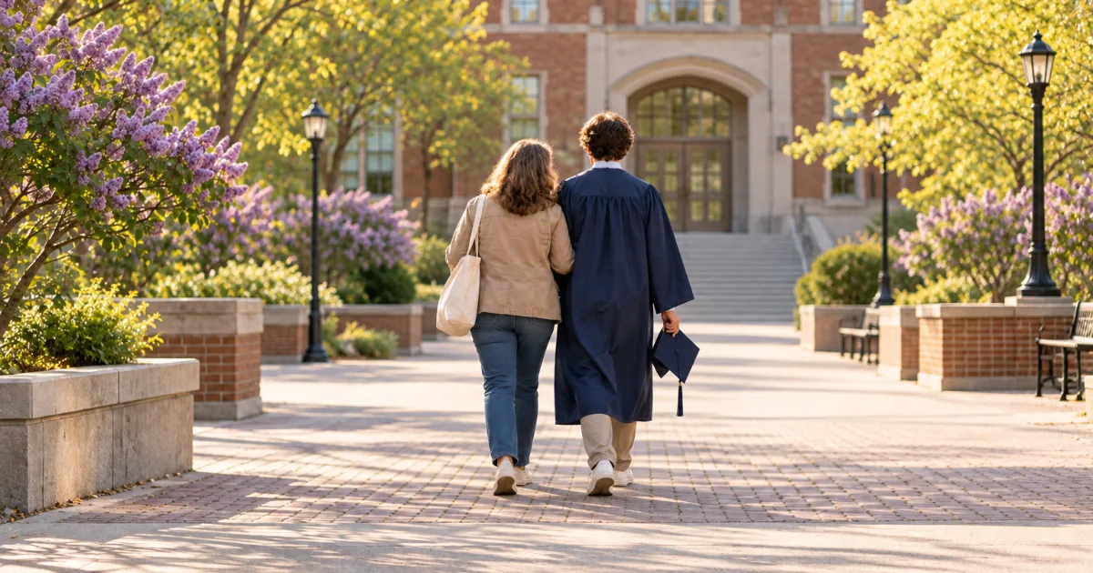 When child support ends in Minnesota: a mother walking arm in arm with a graduate in cap and gown
