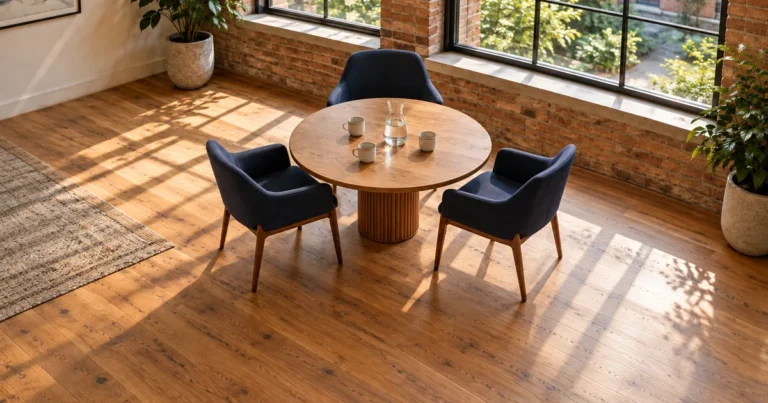 Divorce mediation in Minnesota: a round table with three chairs, cups and a water carafe in a sunlit room