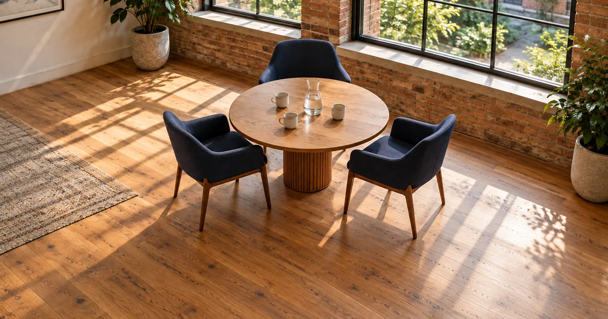 Divorce mediation in Minnesota: a round table with three chairs, cups and a water carafe in a sunlit room