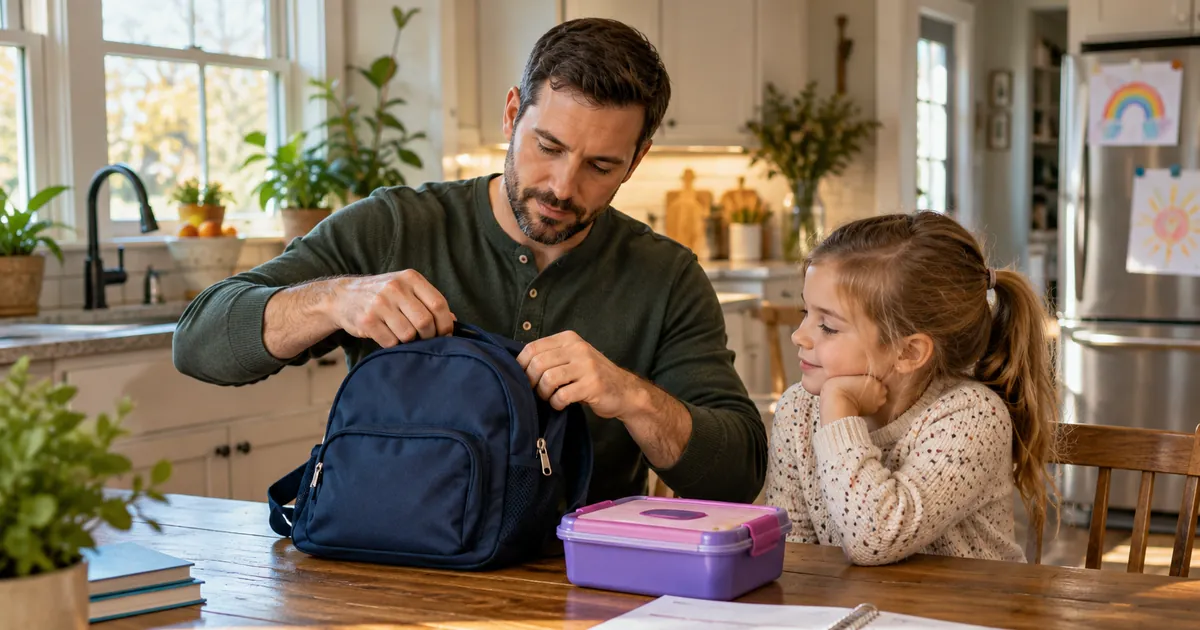 Father packing his daughter's school backpack during his parenting time in Minnesota