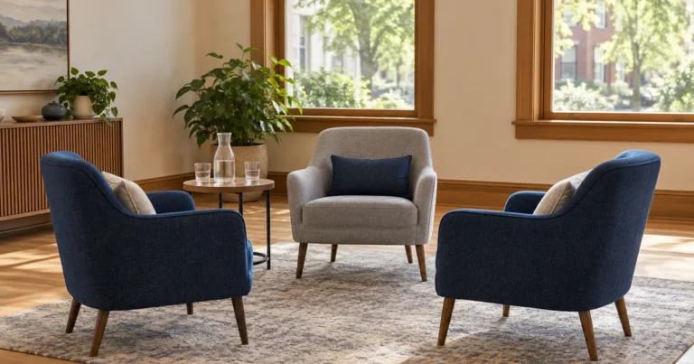 Alternative dispute resolution in a Minnesota divorce: three armchairs around a small table with water