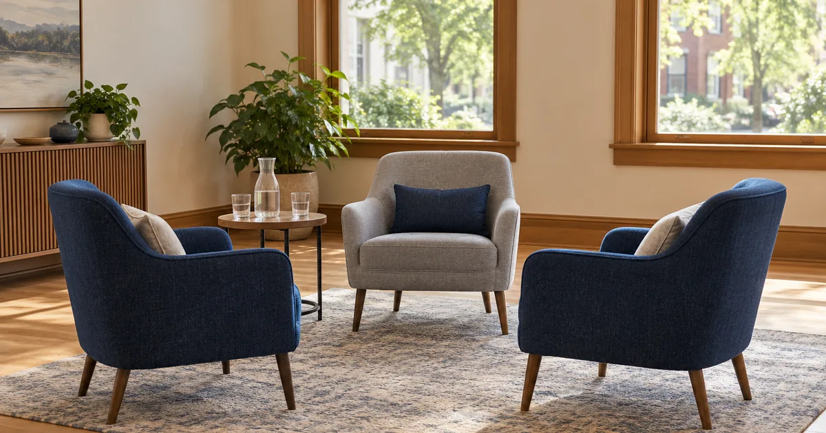 Alternative dispute resolution in a Minnesota divorce: three armchairs around a small table with water