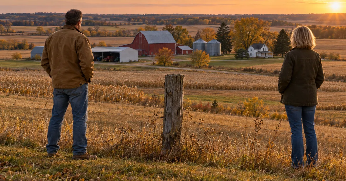 Divorcing couple looking over their family farm, dividing property in a Minnesota divorce