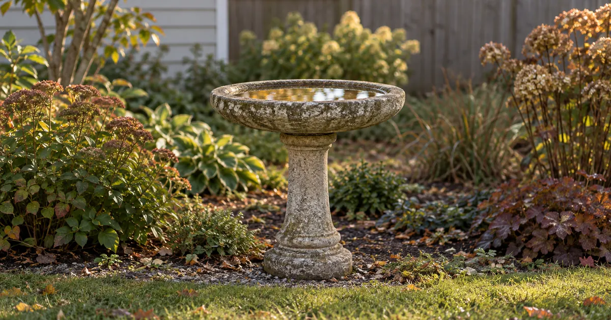 Minnesota divorce cost: a calm stone birdbath in an autumn backyard garden