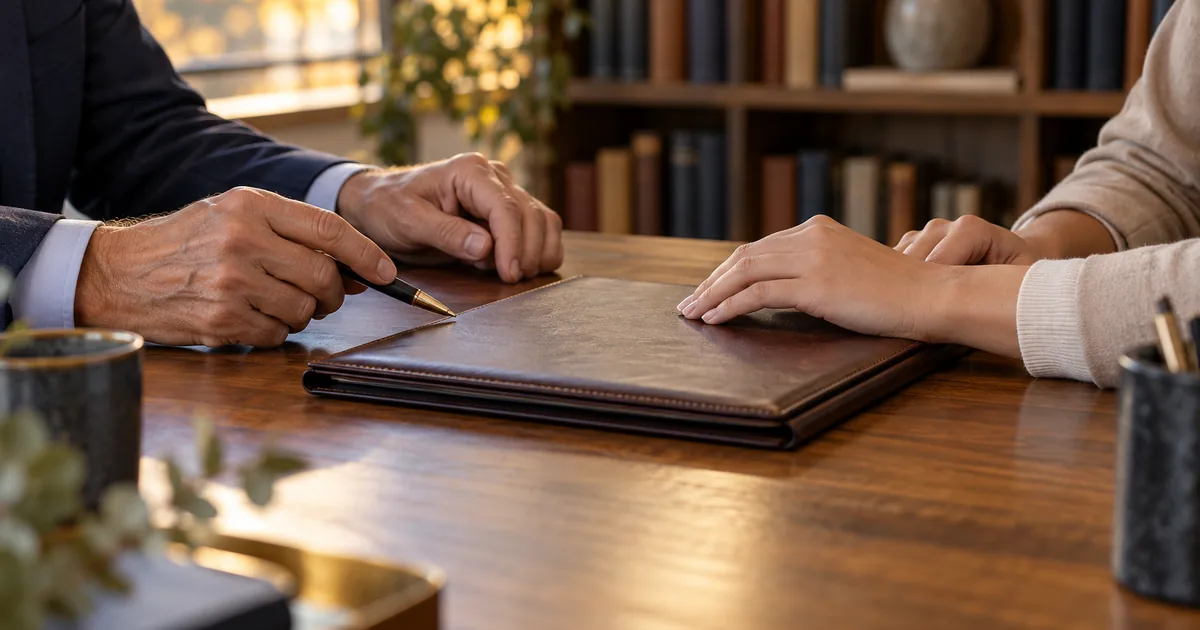 Choosing a new or experienced divorce lawyer in Minnesota: an older and a younger hand on a leather folio