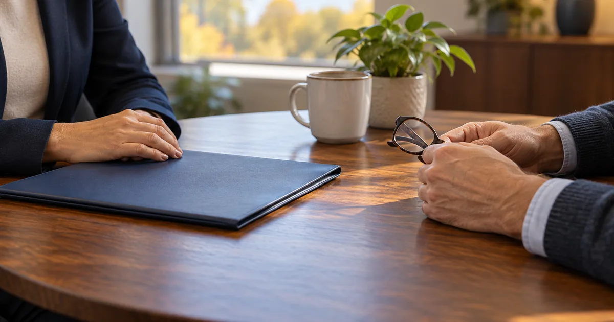 Attorney fees in a Minnesota divorce: a lawyer and client at a round table with a closed navy folder