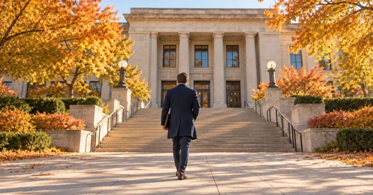 Winning a Minnesota family law case: man in a navy coat walking toward courthouse steps under autumn trees