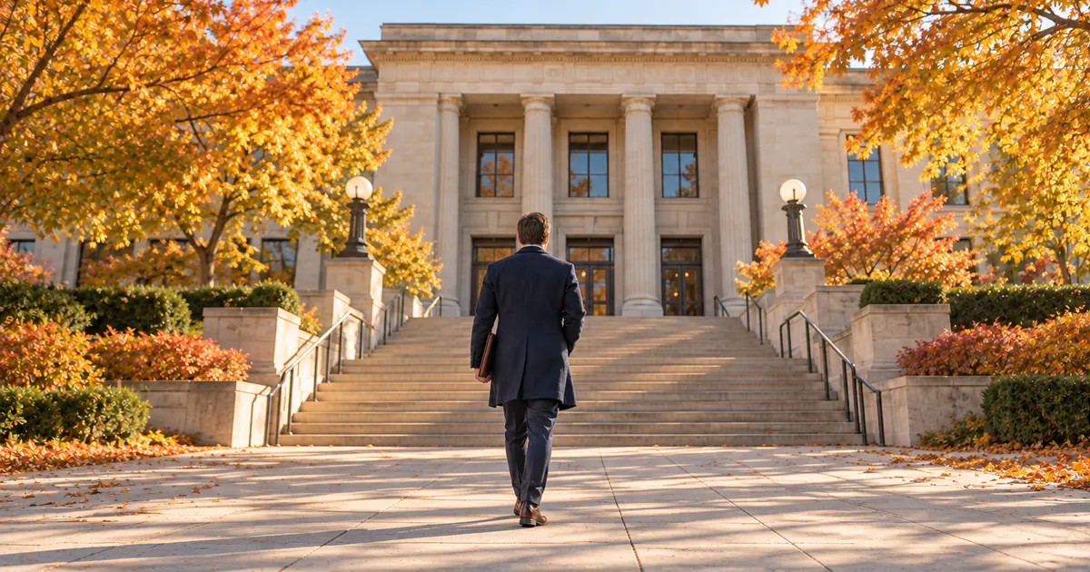 Winning a Minnesota family law case: man in a navy coat walking toward courthouse steps under autumn trees