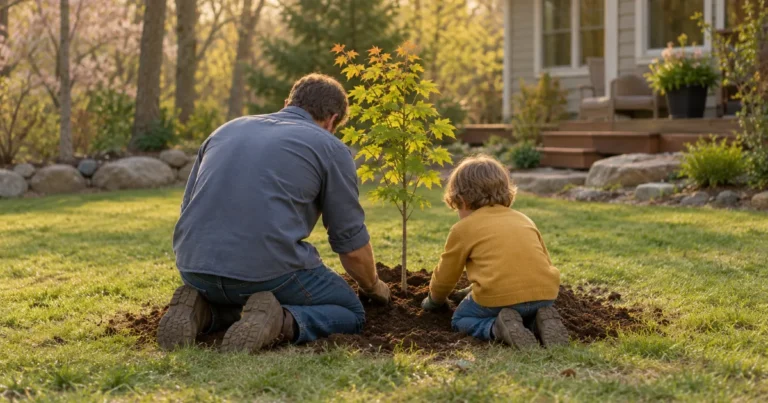 Stepparent adoption in Minnesota: a man and a young child planting a maple tree in the backyard