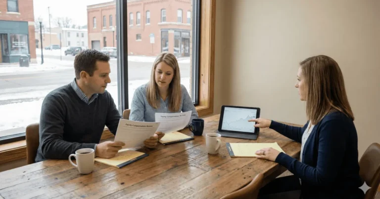 Stock options in a Minnesota divorce: couple reviewing an equity compensation report with an advisor