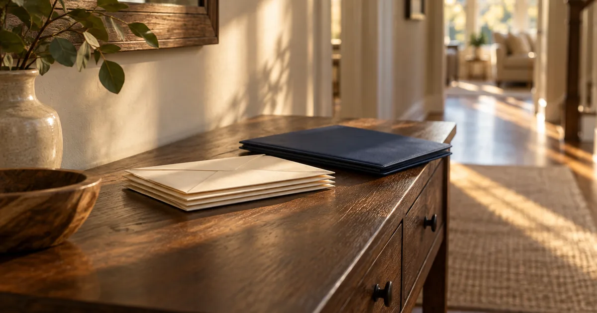 Minnesota divorce default judgment: stack of unopened envelopes and a navy folder on a hallway table