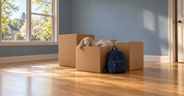 Moving with custody in Minnesota: packed boxes, a stuffed bunny and a child's backpack in an empty bedroom