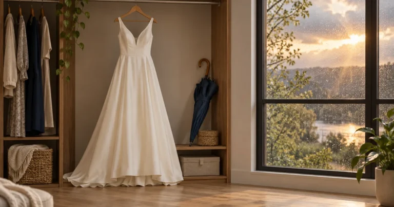 Waiving alimony in a Minnesota prenup: wedding dress hanging in a closet next to an umbrella for a rainy day