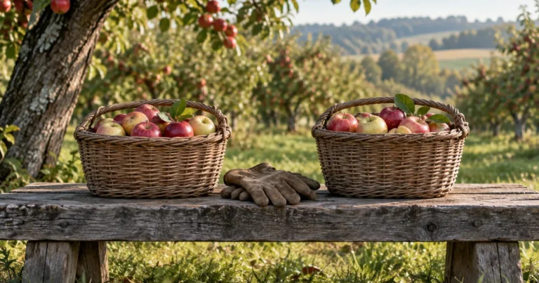 QDRO in a Minnesota divorce: two equal baskets of apples on an orchard bench, splitting the harvest