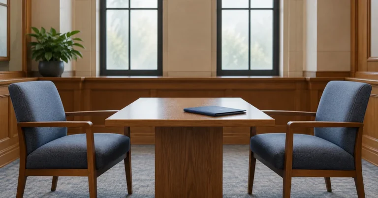 Temporary relief hearing in a Minnesota divorce: two chairs and a closed folder in a courthouse meeting room