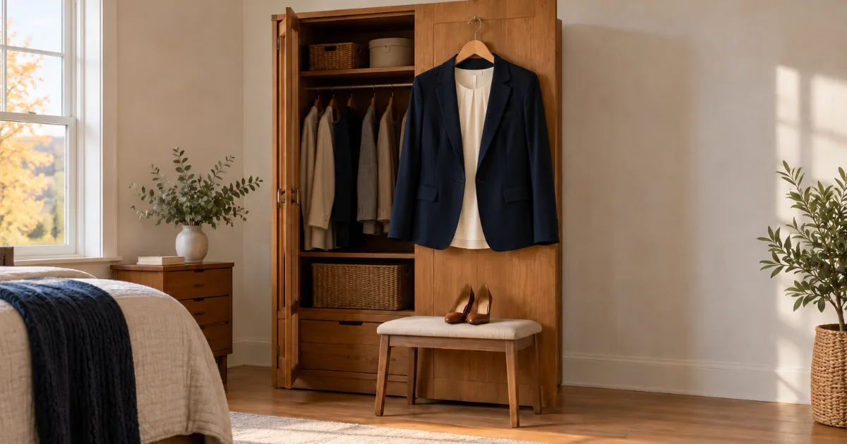 What to wear to a Minnesota divorce trial: a navy blazer and cream blouse hanging on a wardrobe